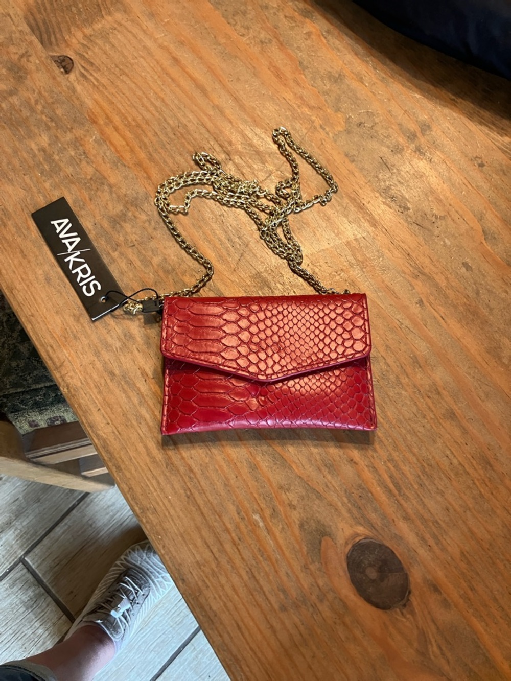 Red Snake-Embossed Crossbody Wallet with Gold Chain